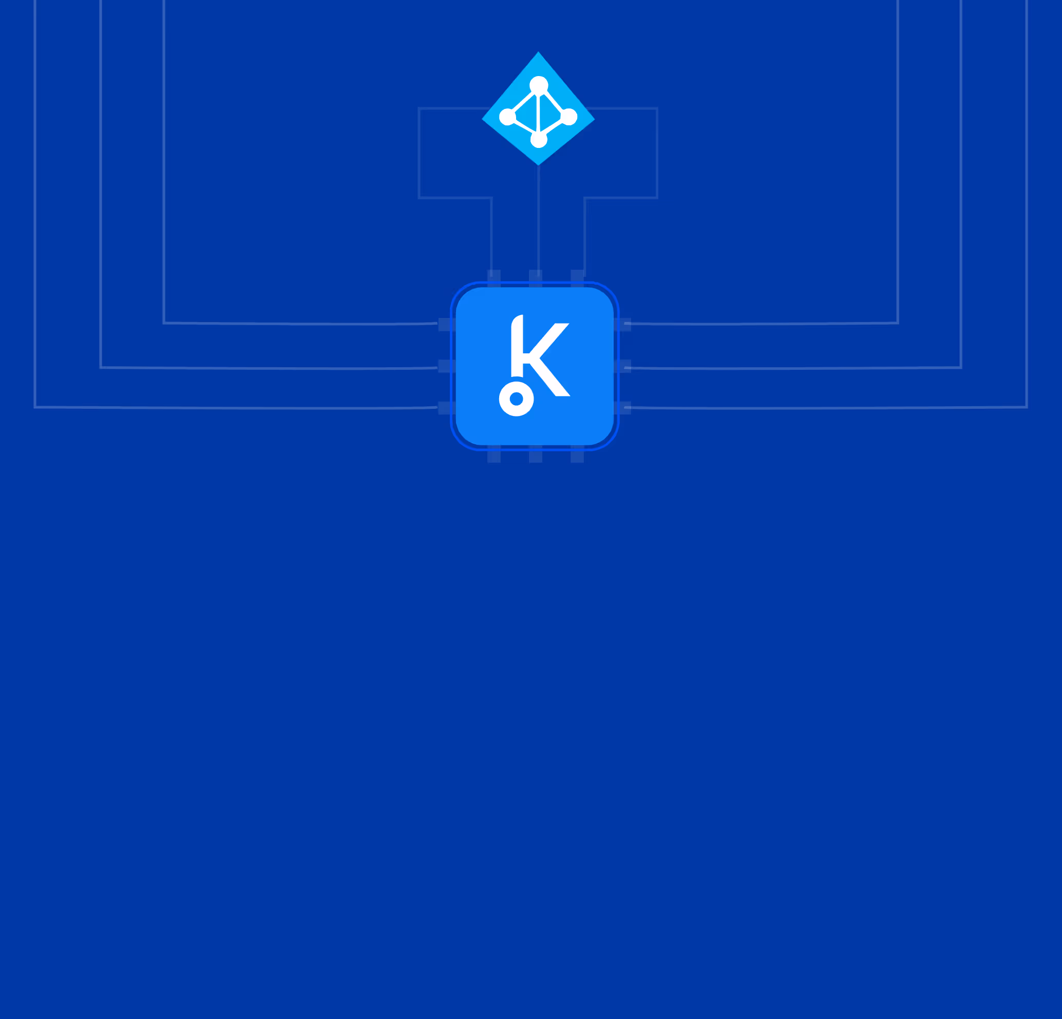 Blue square with a white 'K' and circle symbol connected by lines to a smaller blue diamond with white network nodes on a dark blue background.