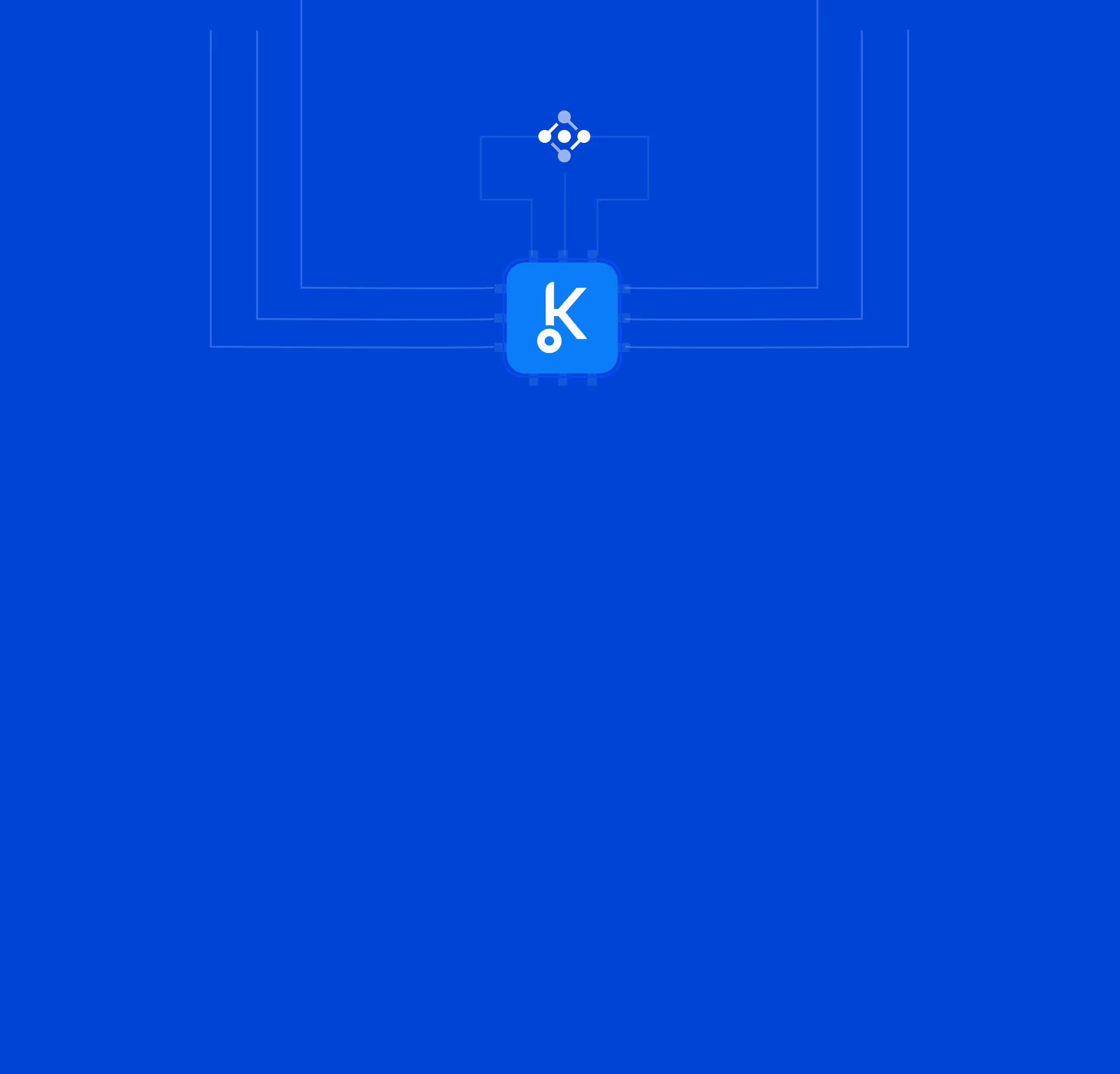 Blue microchip icon with a stylized white K connected to a simplified network diagram on a darker blue background.