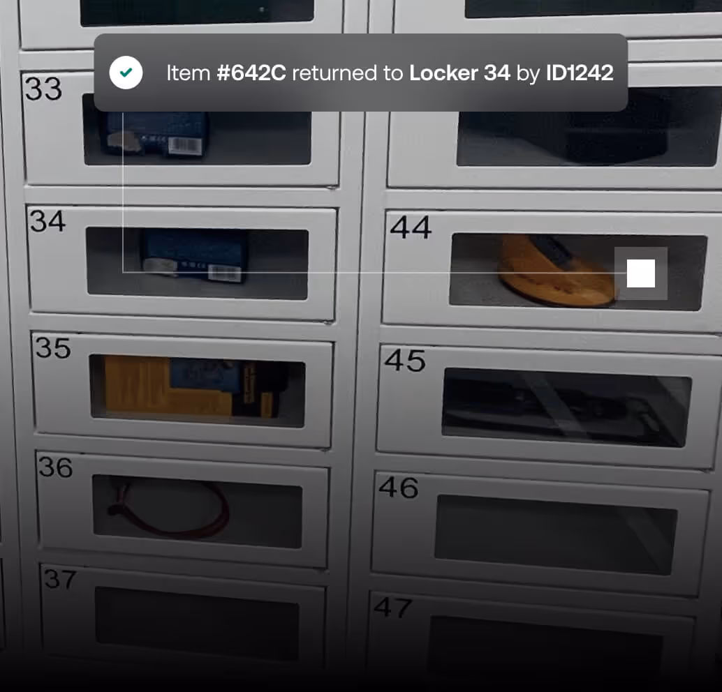 White lockers numbered 33 to 37 on the left and 44 to 47 on the right with various items inside; notification indicates item #642C returned to locker 34 by ID1242.