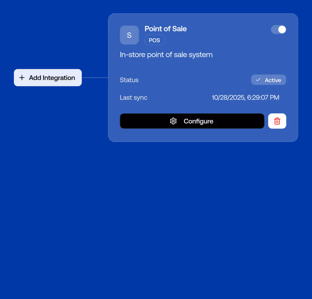 User interface panel showing active Point of Sale system integration with last sync date and configure button on blue background.