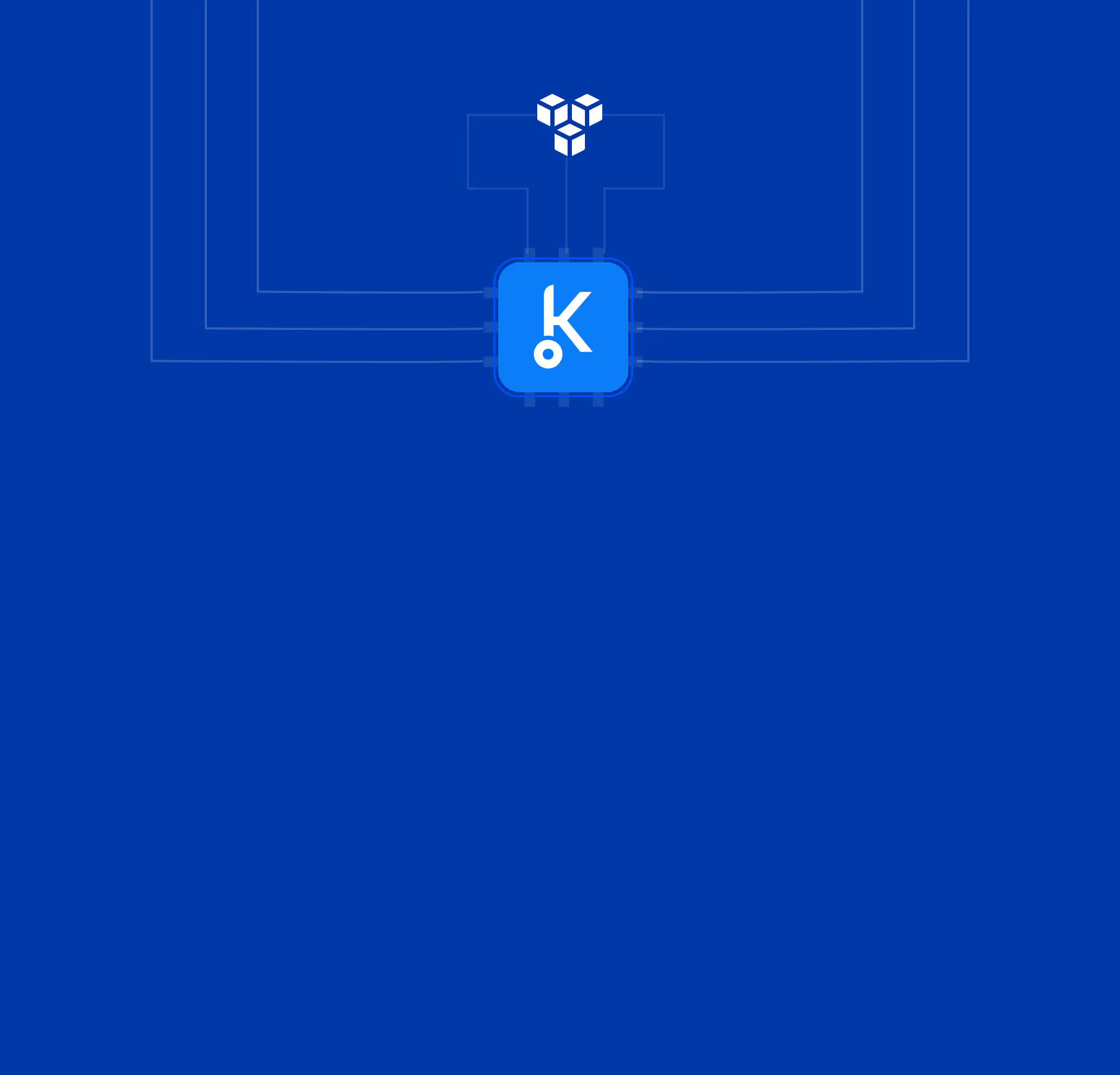 Illustration of a blue square chip with white 'K' and 'o' letters connected by circuitry to a white 3-cube icon on a dark blue background.