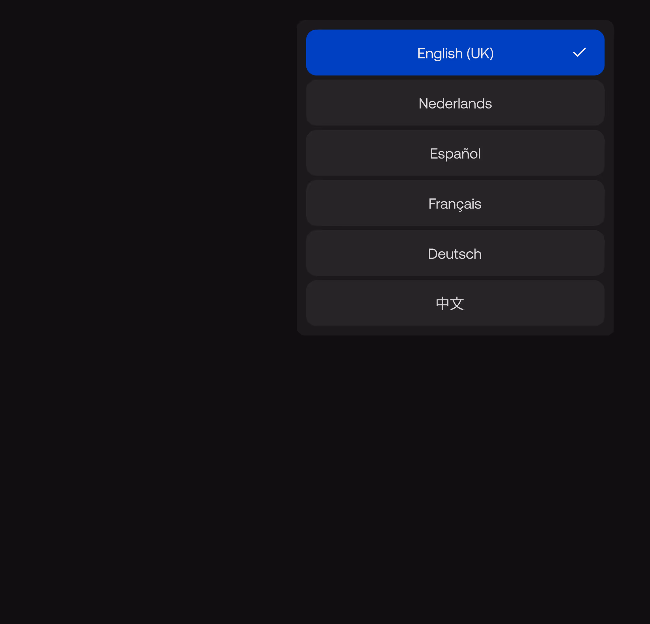 Language selection menu showing English (UK) selected, with options for Nederlands, Español, Français, Deutsch, and 中文.