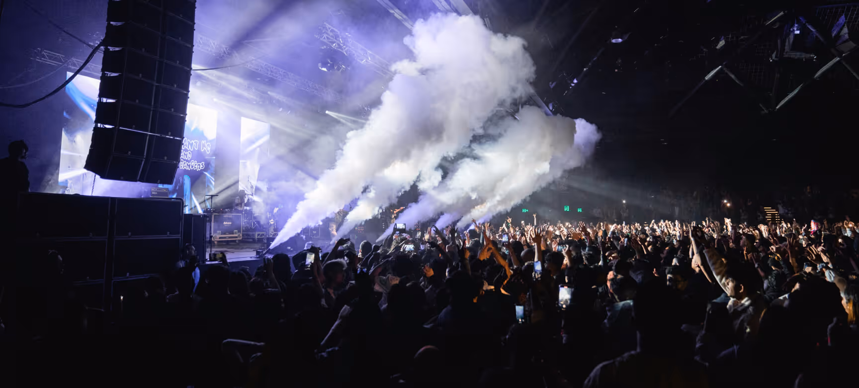 Crowd at a concert with smoke effects and stage lights illuminating the scene.