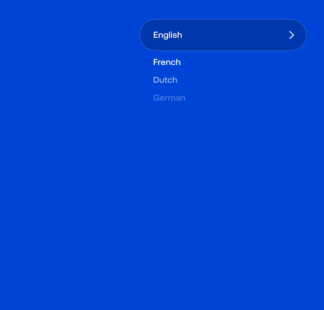 Language selection menu with English highlighted and options for French, Dutch, and German on a blue background.