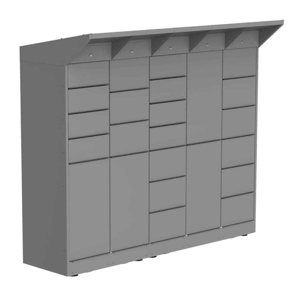 Gray multi-compartment outdoor parcel locker with angled roof and multiple secure lockers.