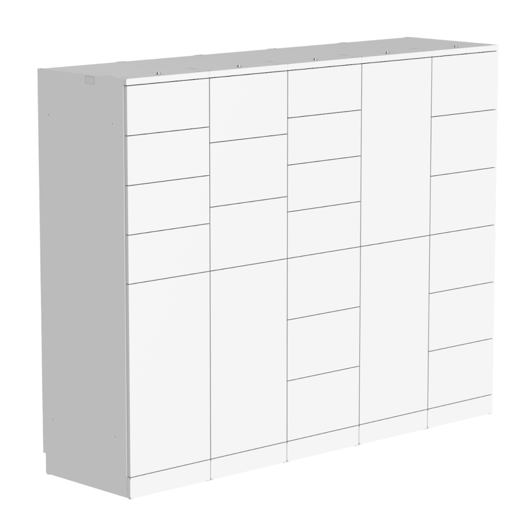 Large white locker unit with multiple small and large compartments arranged in a grid.
