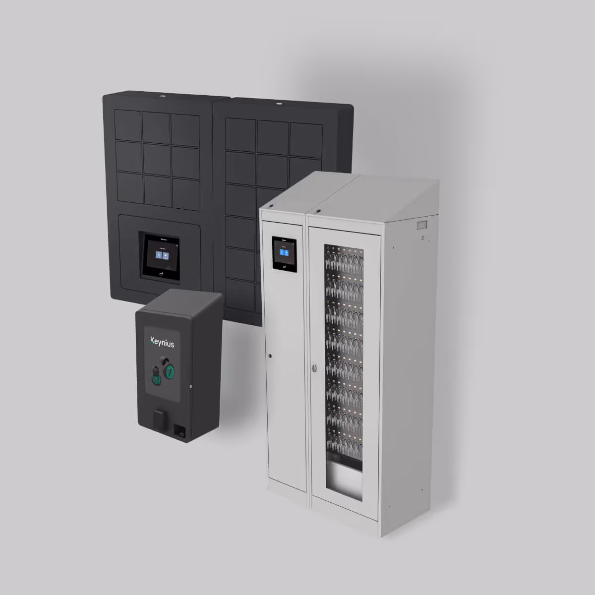 Three electronic lockers for secure key storage with digital displays and labeled compartments.