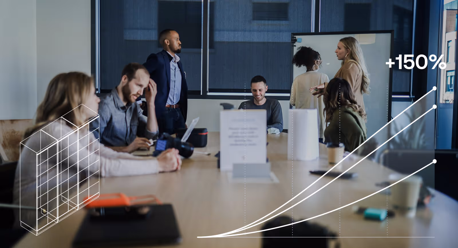 Team in a meeting room with a graph showing +150% growth overlayed.