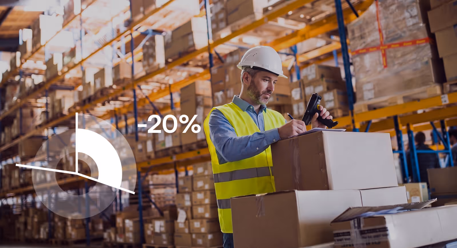 Warehouse worker in hard hat and vest scans and checks boxes with barcode scanner amidst stacked shelves.