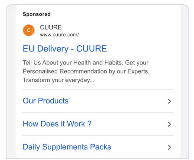 CUURE's Google search ad example