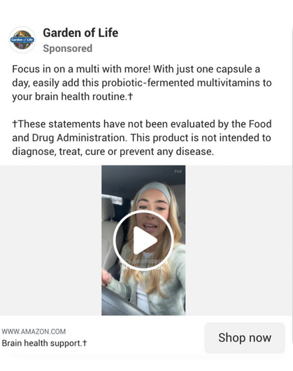 garden of life food supplements US - meta ads with ugc video