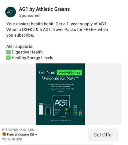 AG1 supplements meta ad