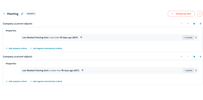 HubSpot Lead Scoring tool showing how positive and negative actions are assigned points to calculate a lead score