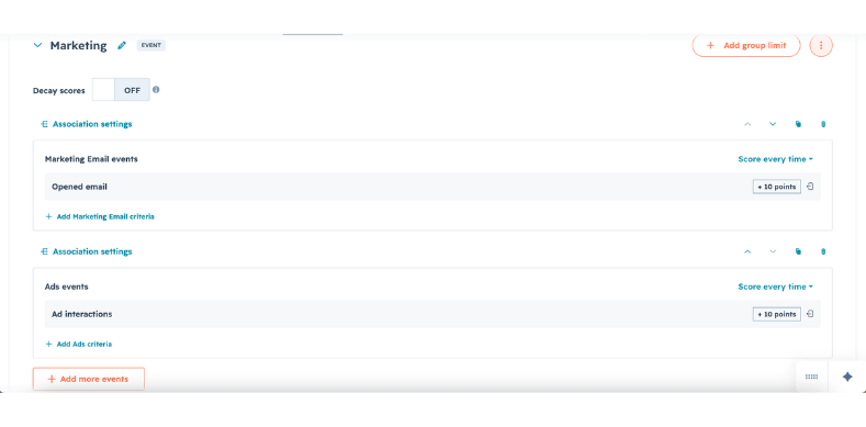 Screenshot of HubSpot Lead Scoring showing how marketing engagement activities are assigned points to qualify leads.