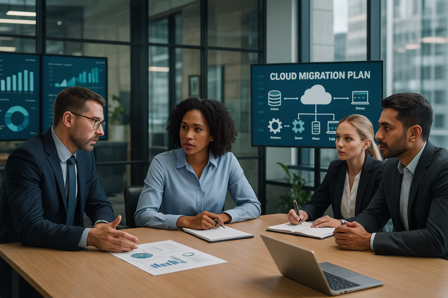 Professionals discussing cloud migration solutions