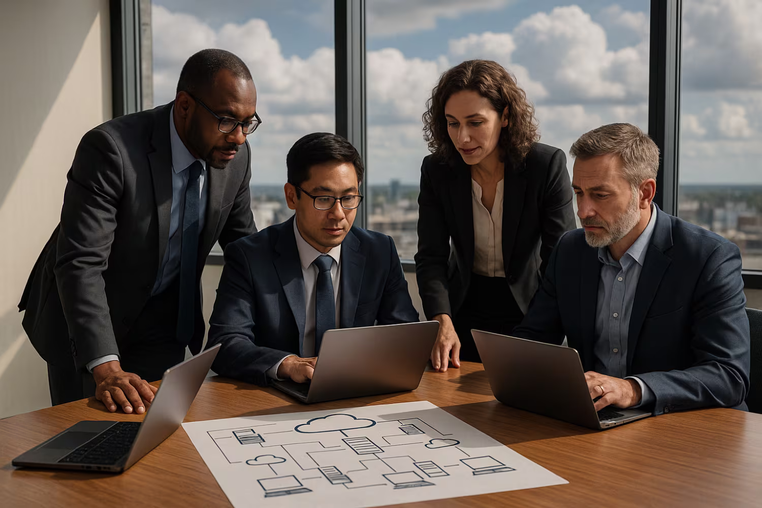 Diverse IT team discussing cloud migration solutions