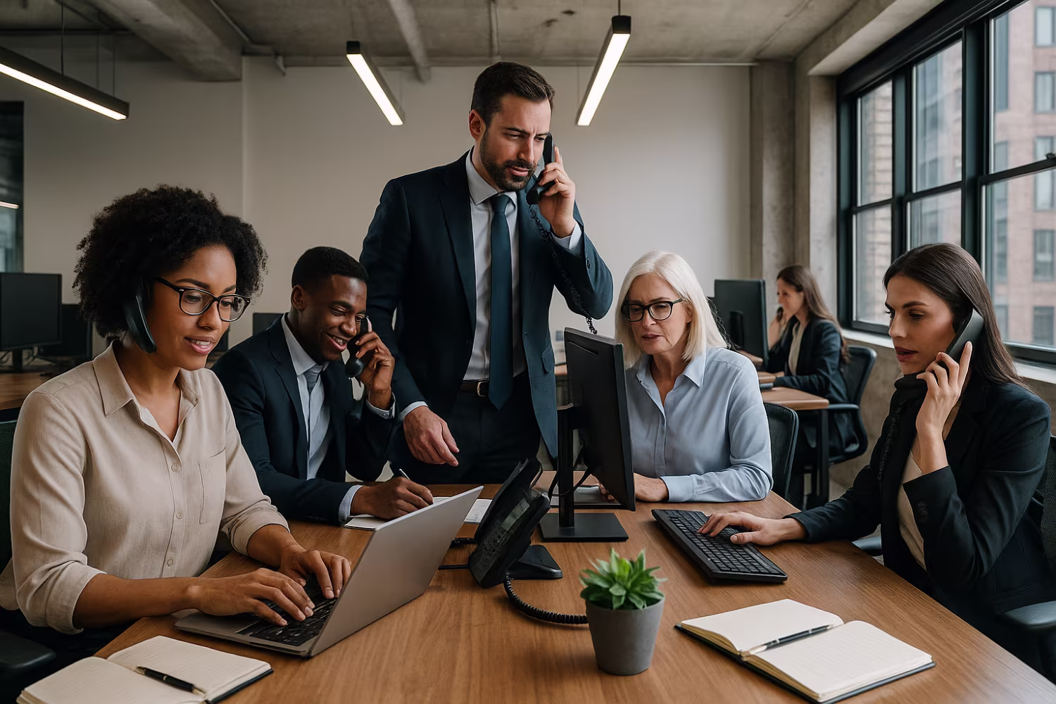 Diverse professionals discussing VoIP benefits