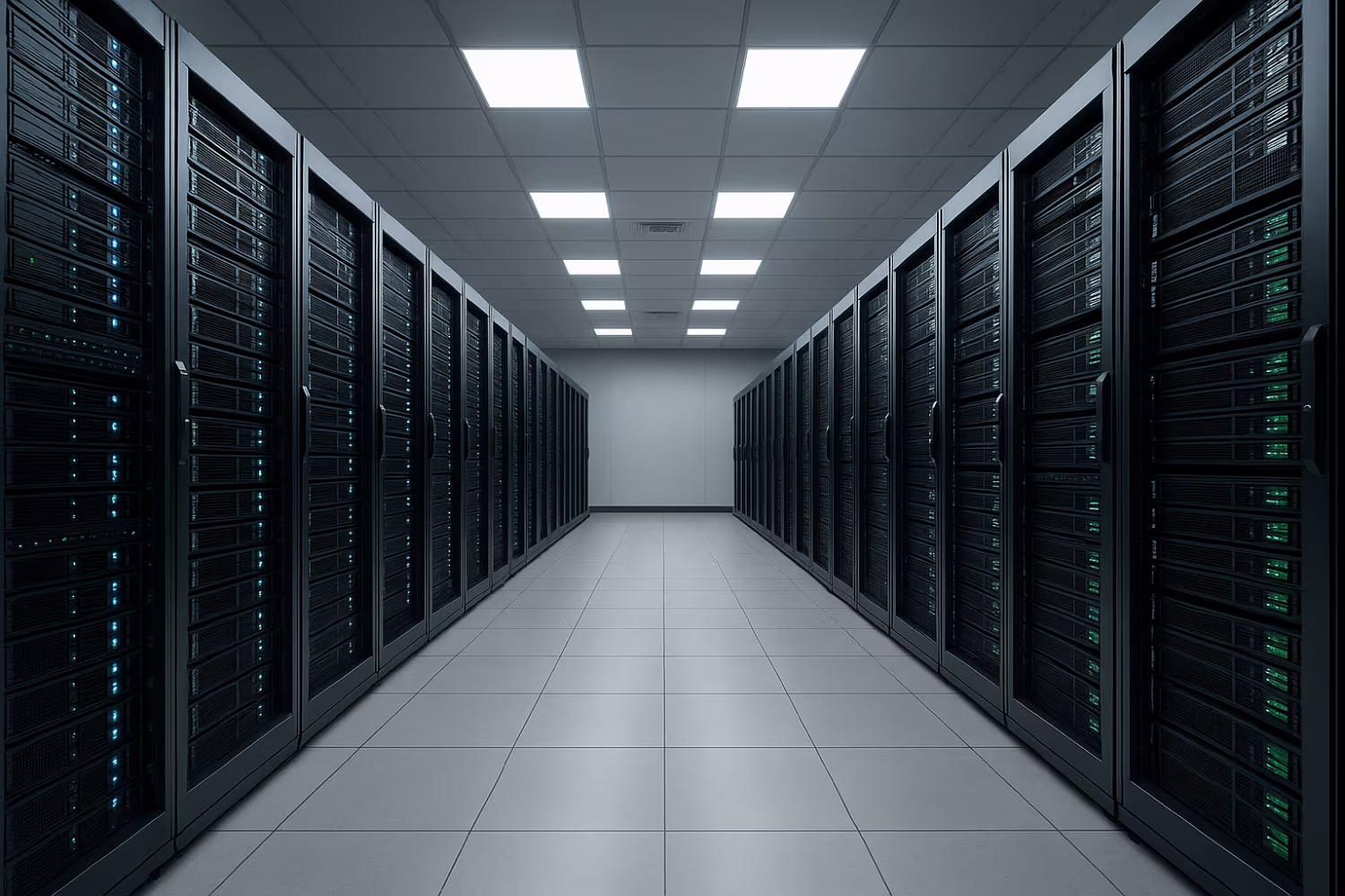 Illuminated server room with IT monitoring tools