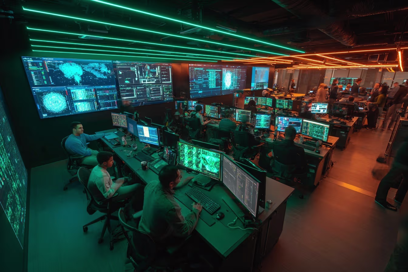 Cybersecurity operations center with analysts monitoring multiple screens displaying network threat data and real-time das...