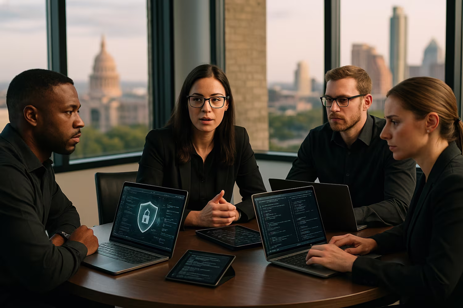 Cybersecurity team brainstorming in office