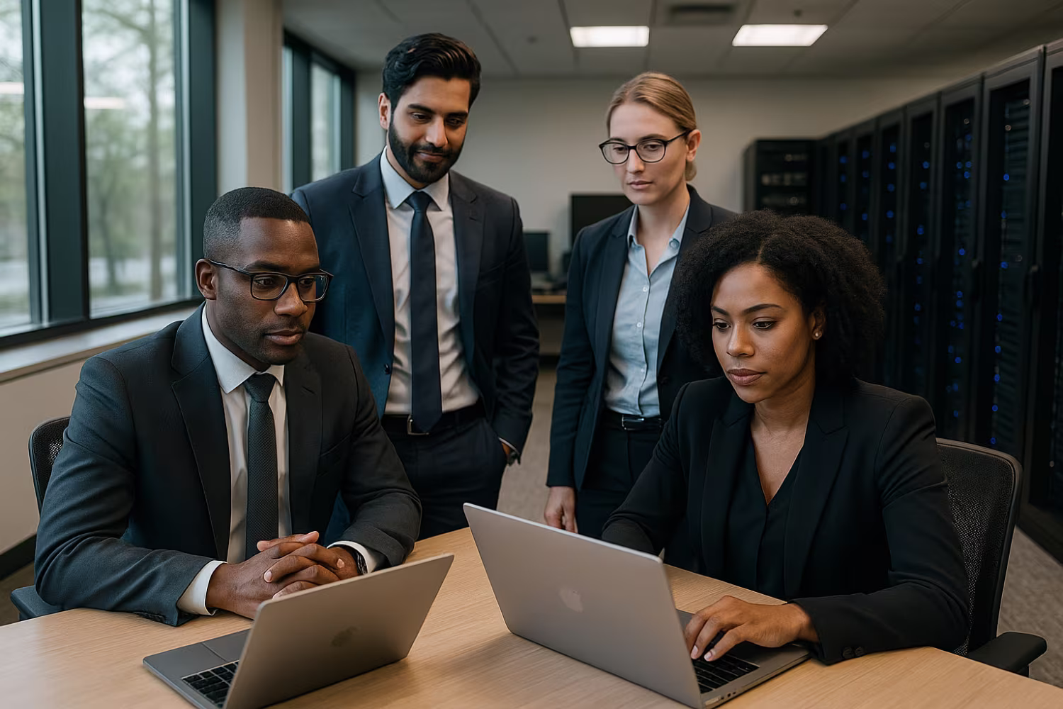 Diverse professionals performing corporate data backup