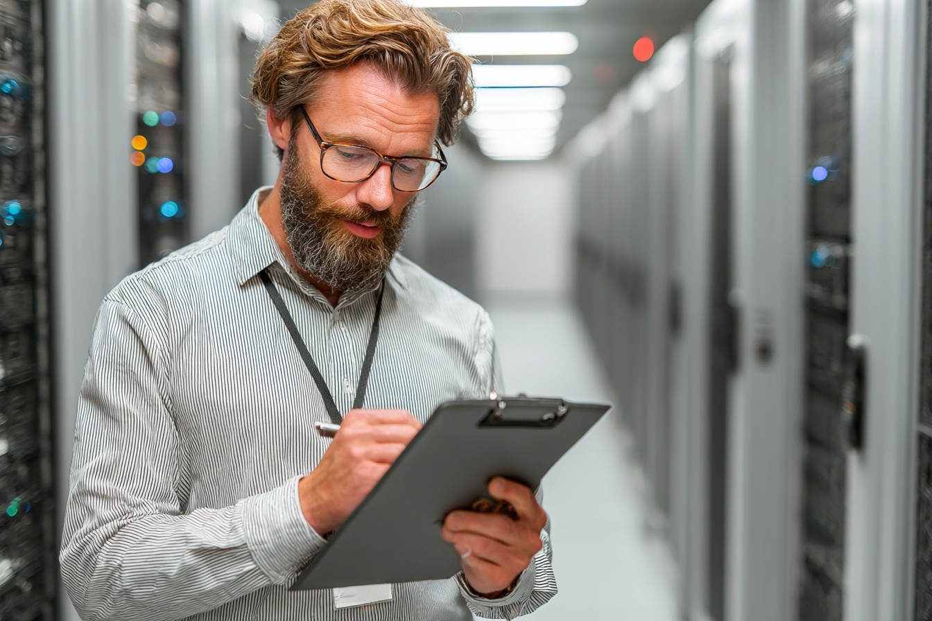 IT technician reviewing checklist on clipboard while conducting server room inspection in data center