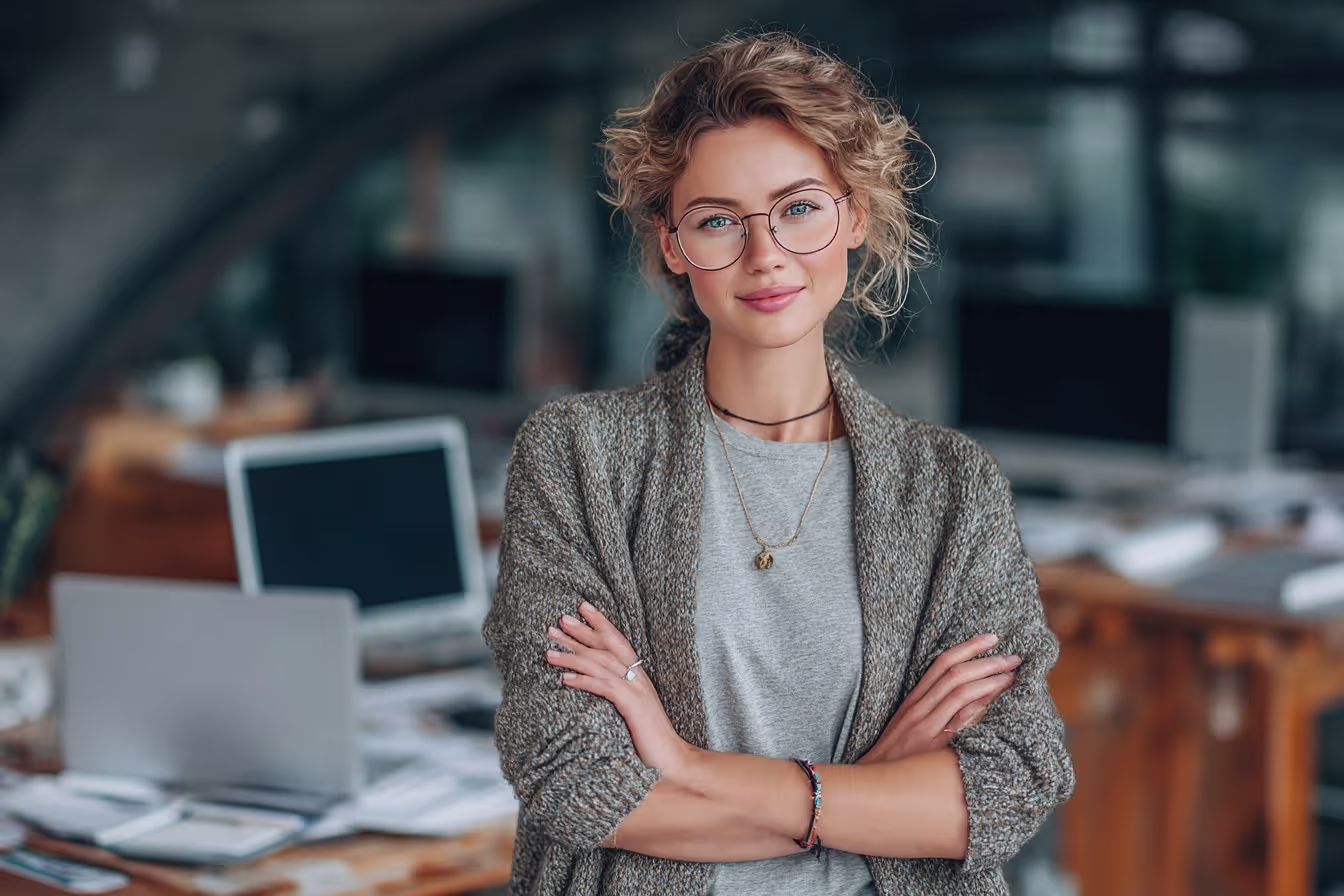 Smiling IT professional with glasses standing confidently arms crossed in modern Austin tech office workspace