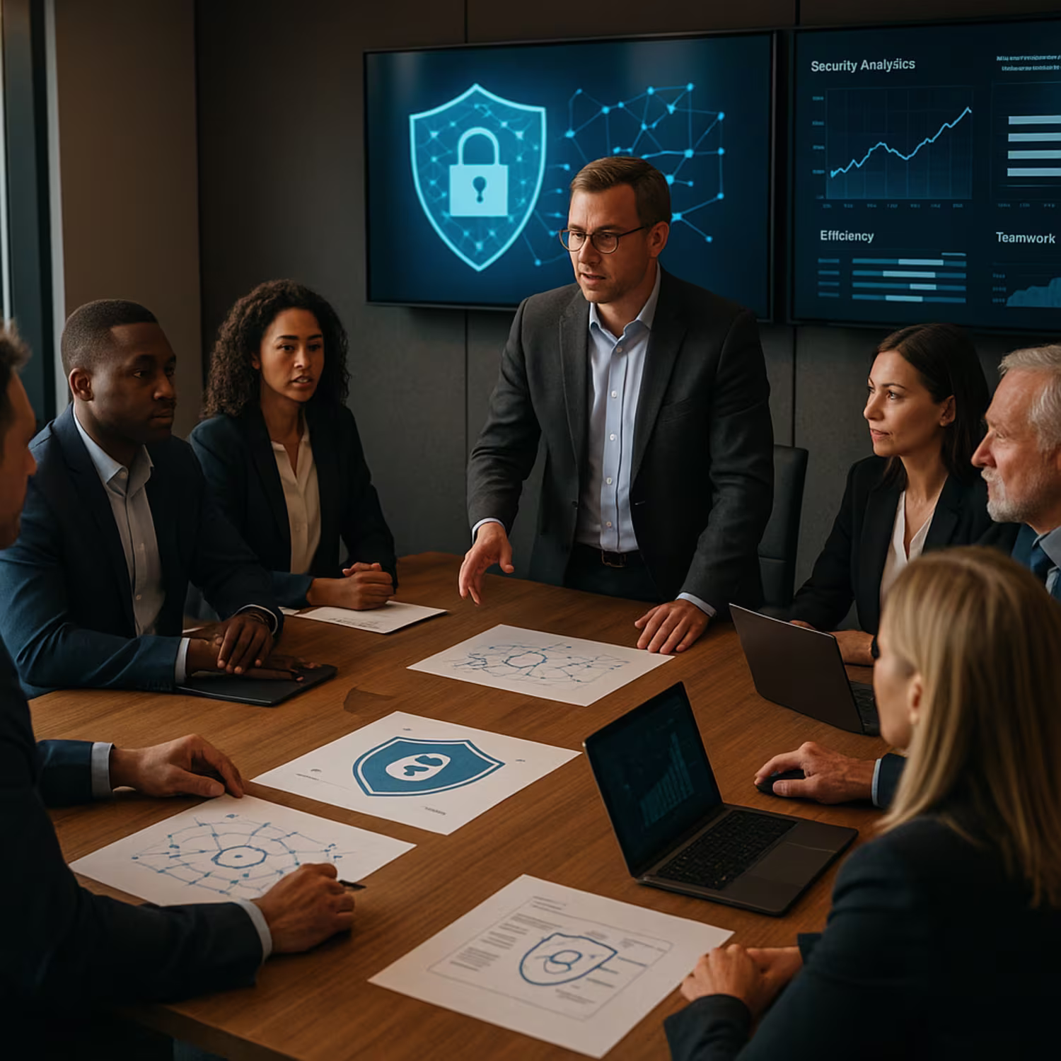 Cyber security consultants analyzing data