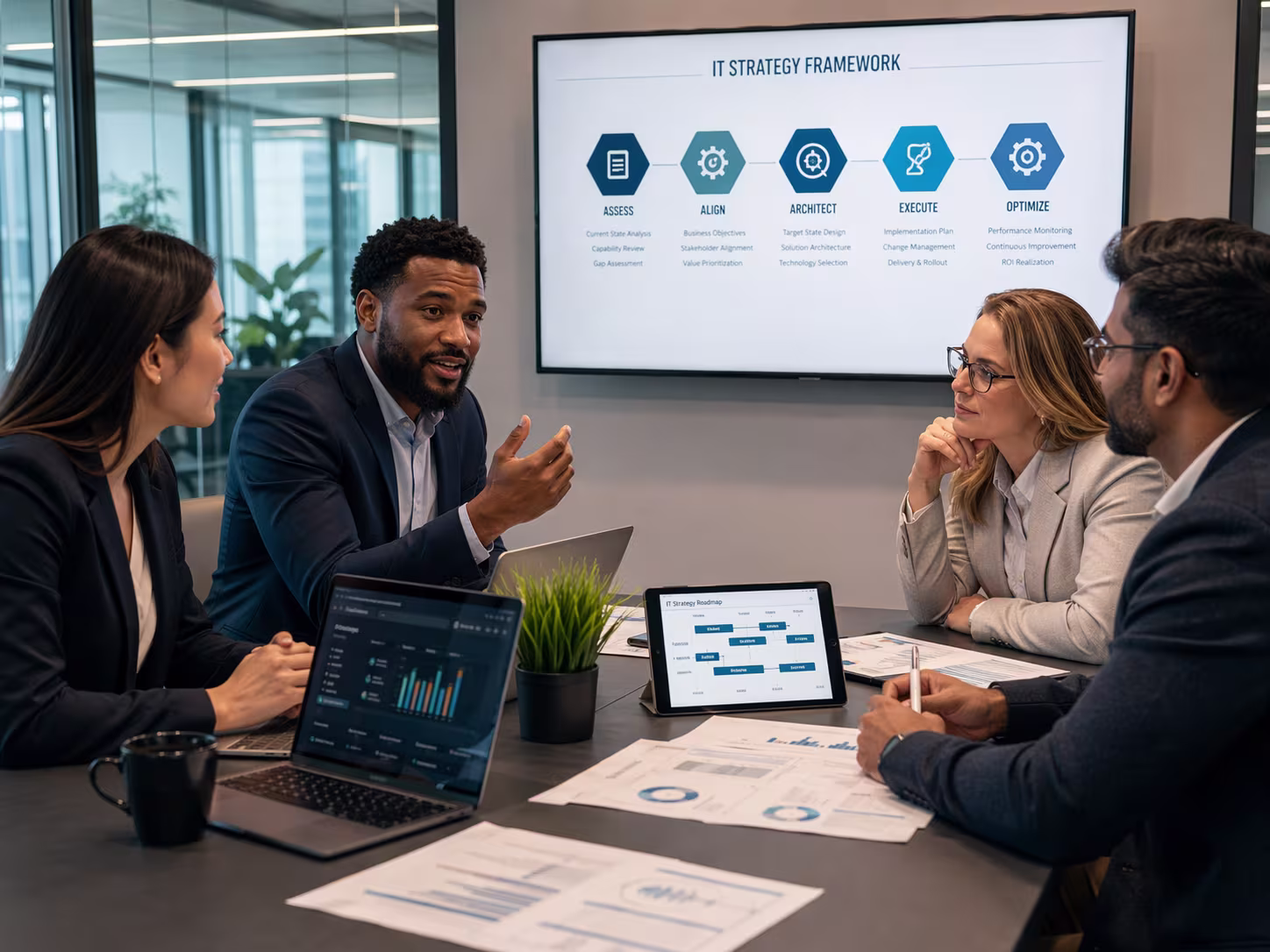 Diverse IT strategy consultants strategizing