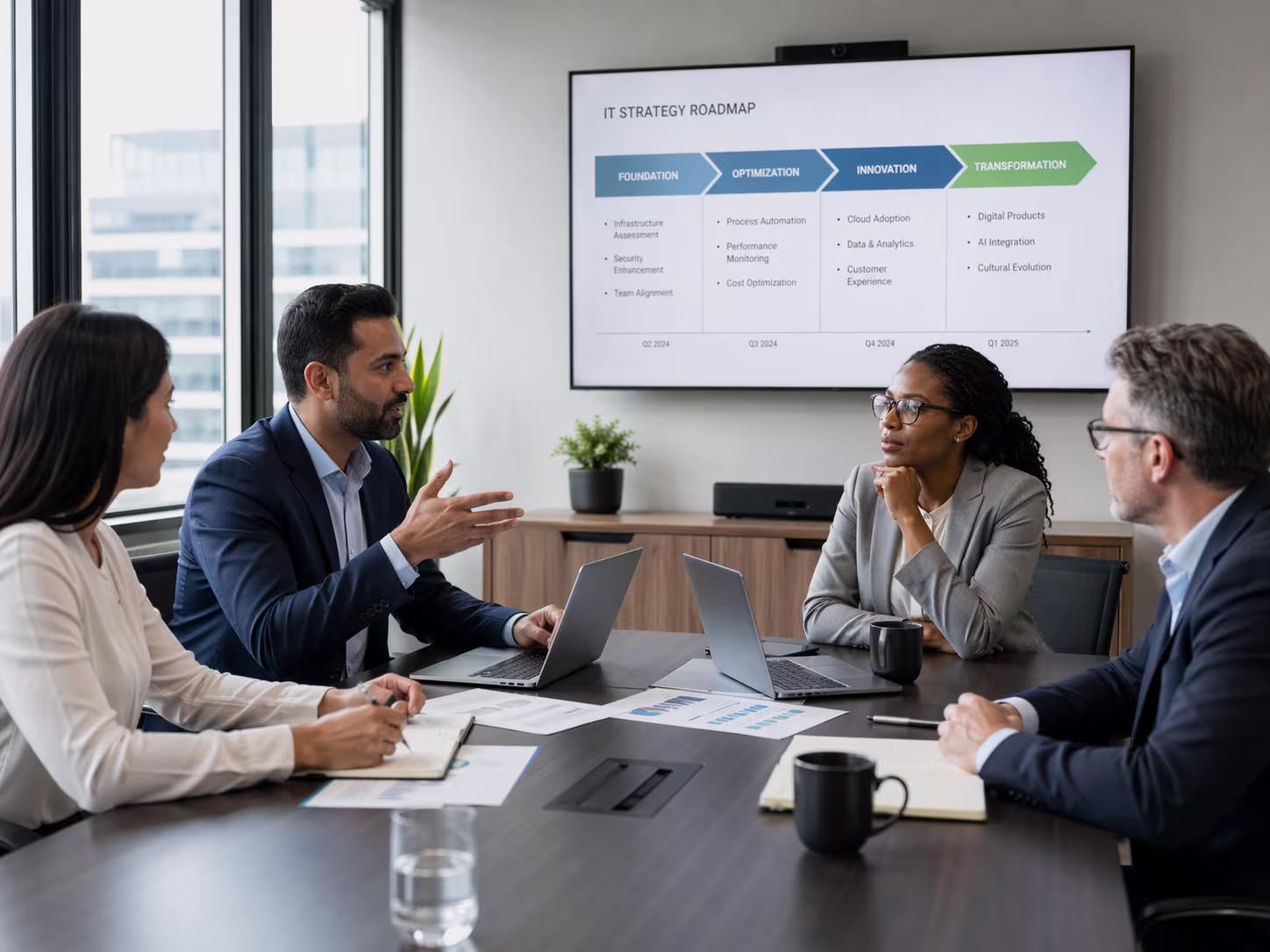 Professionals discussing IT strategy mid-morning