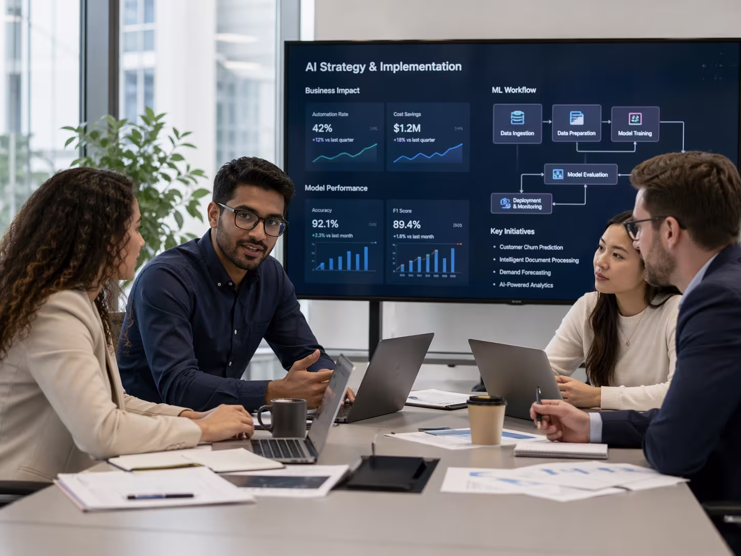 Diverse AI consultants collaborating professionally