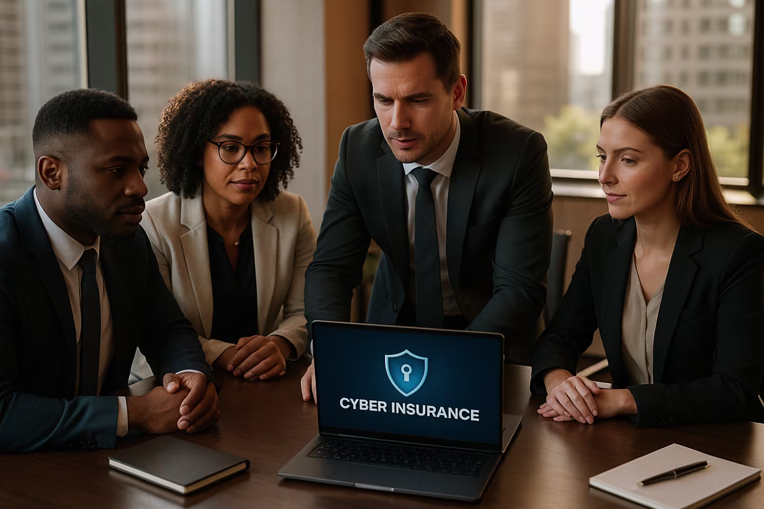Diverse team discussing cyber insurance