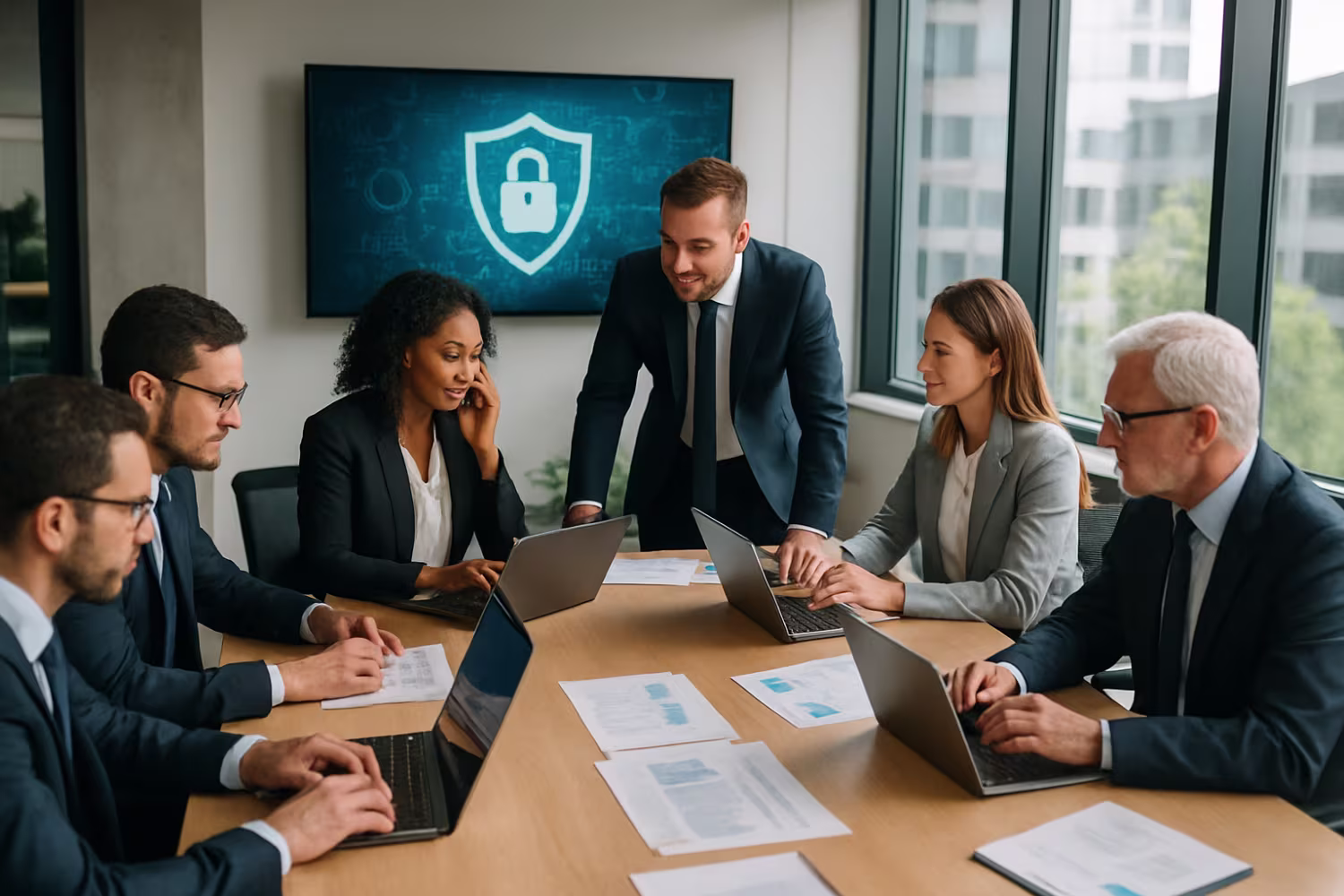 Cyber insurance team in modern office