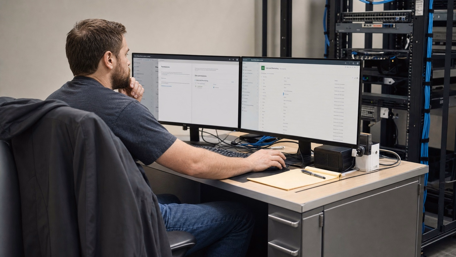 A man at a corner desk is shown configuring SharePoint permissions on his