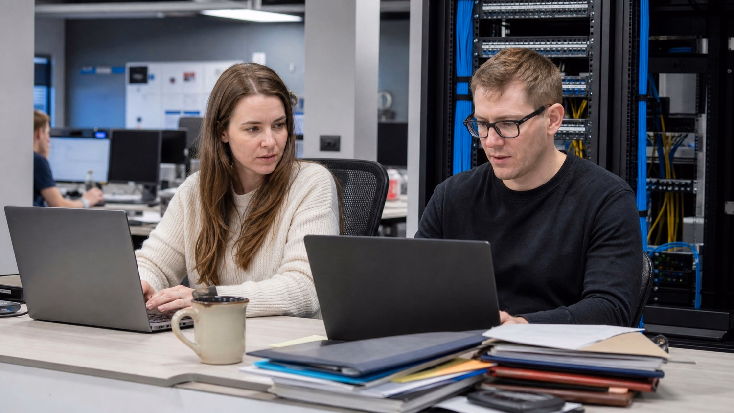Woman typing on laptop, glancing at coworker's screen, chipped mug, desk