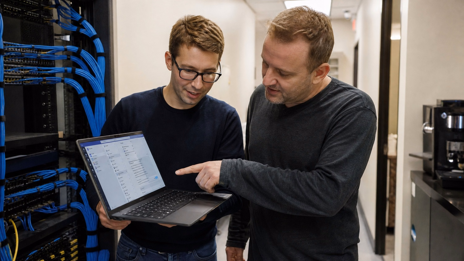 Colleagues discussing Teams automation on laptop in corridor