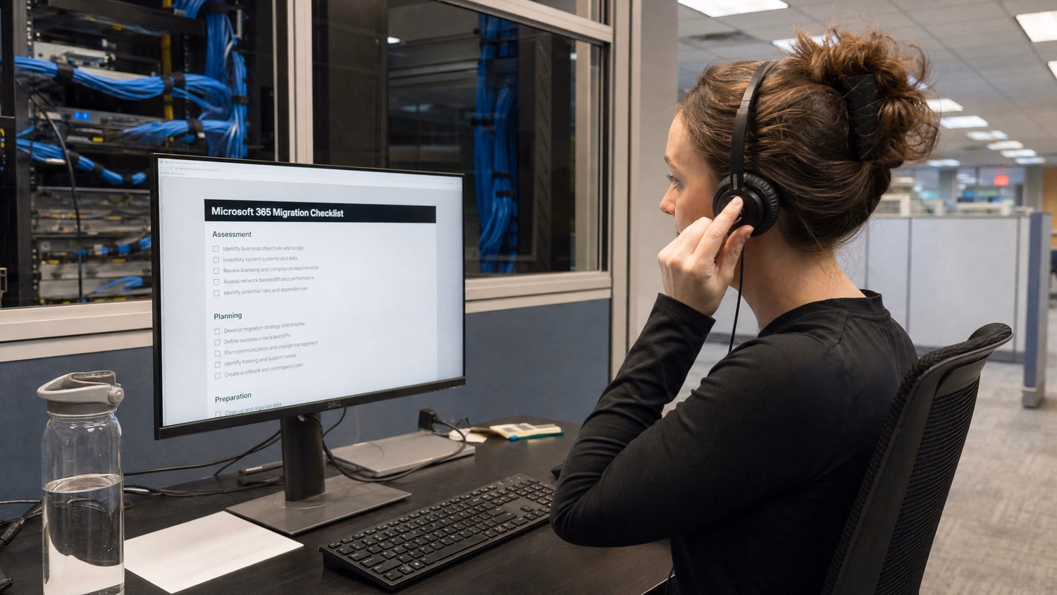 Consultant reviewing Microsoft 365 migration plan at help desk.
