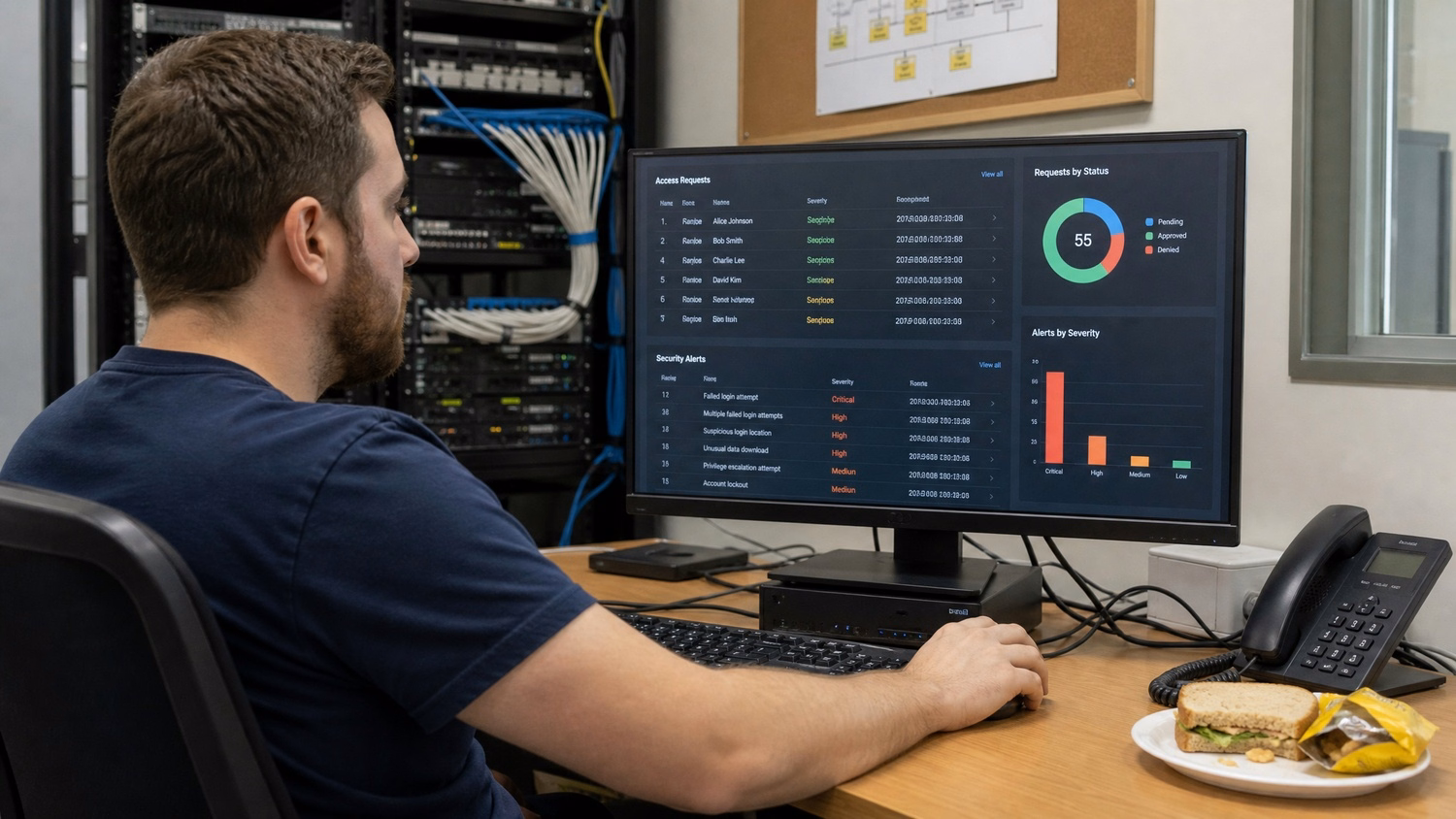 White man reviewing access requests and security alerts on widescreen at desk