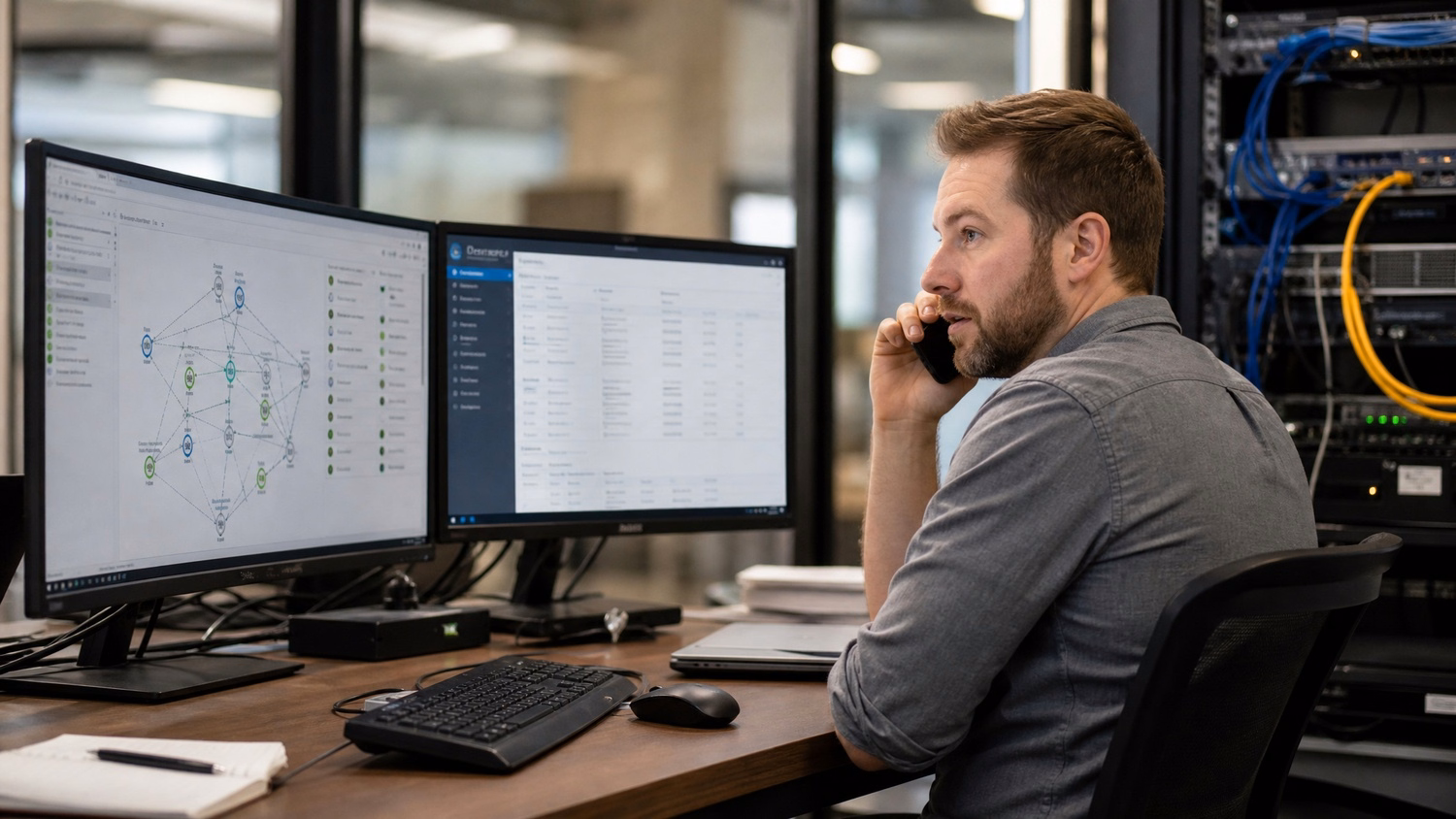 White man on dual monitors discusses zero-trust access benefits with client