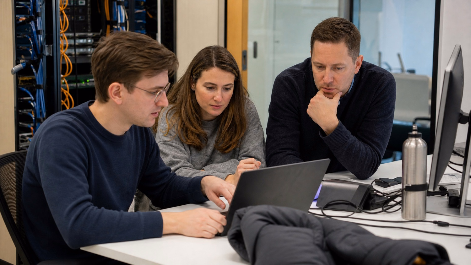 Colleagues collaborating over laptop with ZTNA focus