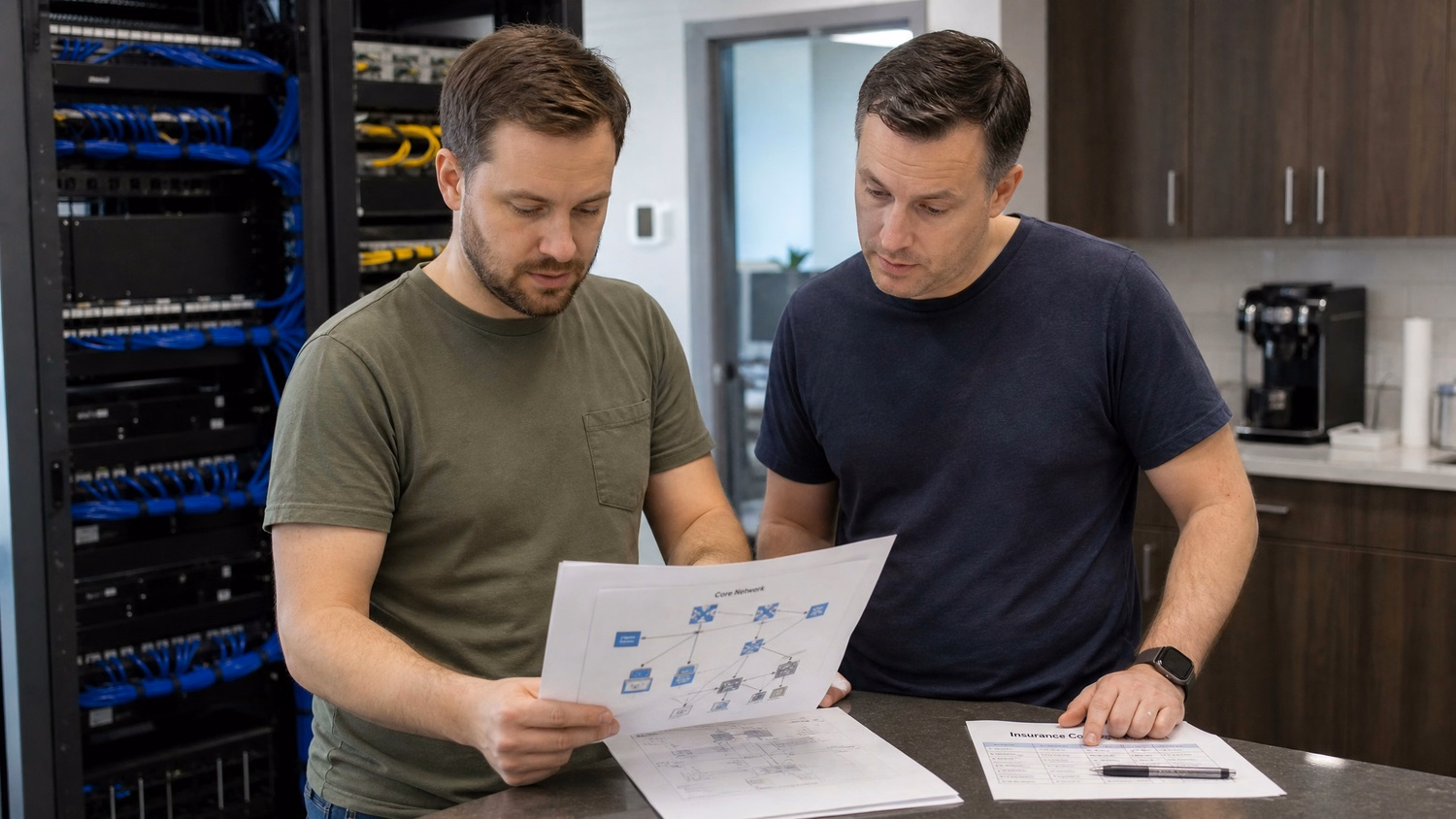 Colleagues analyze network diagram for cyber insurance strategy discussion