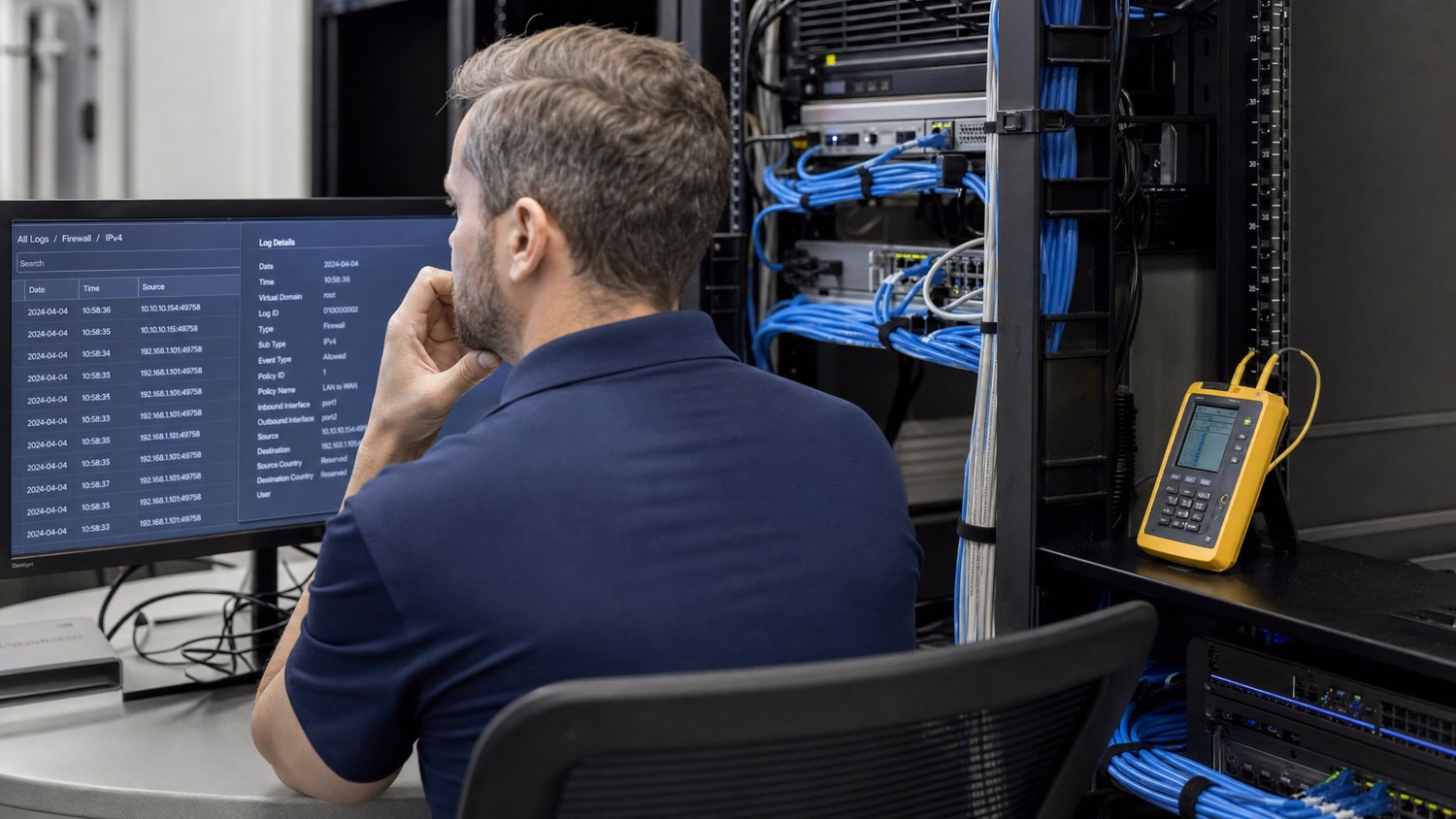 Tech reviews firewall logs in server room, cable tester, cyber insurance focus