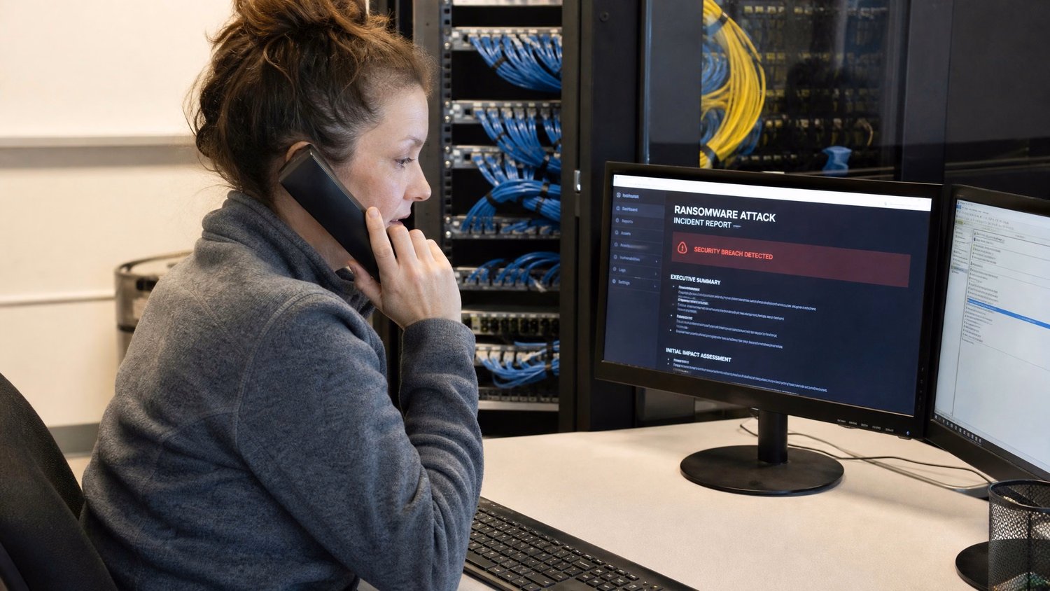 A woman in a grey fleece on a phone call at her workstation, reviewing an