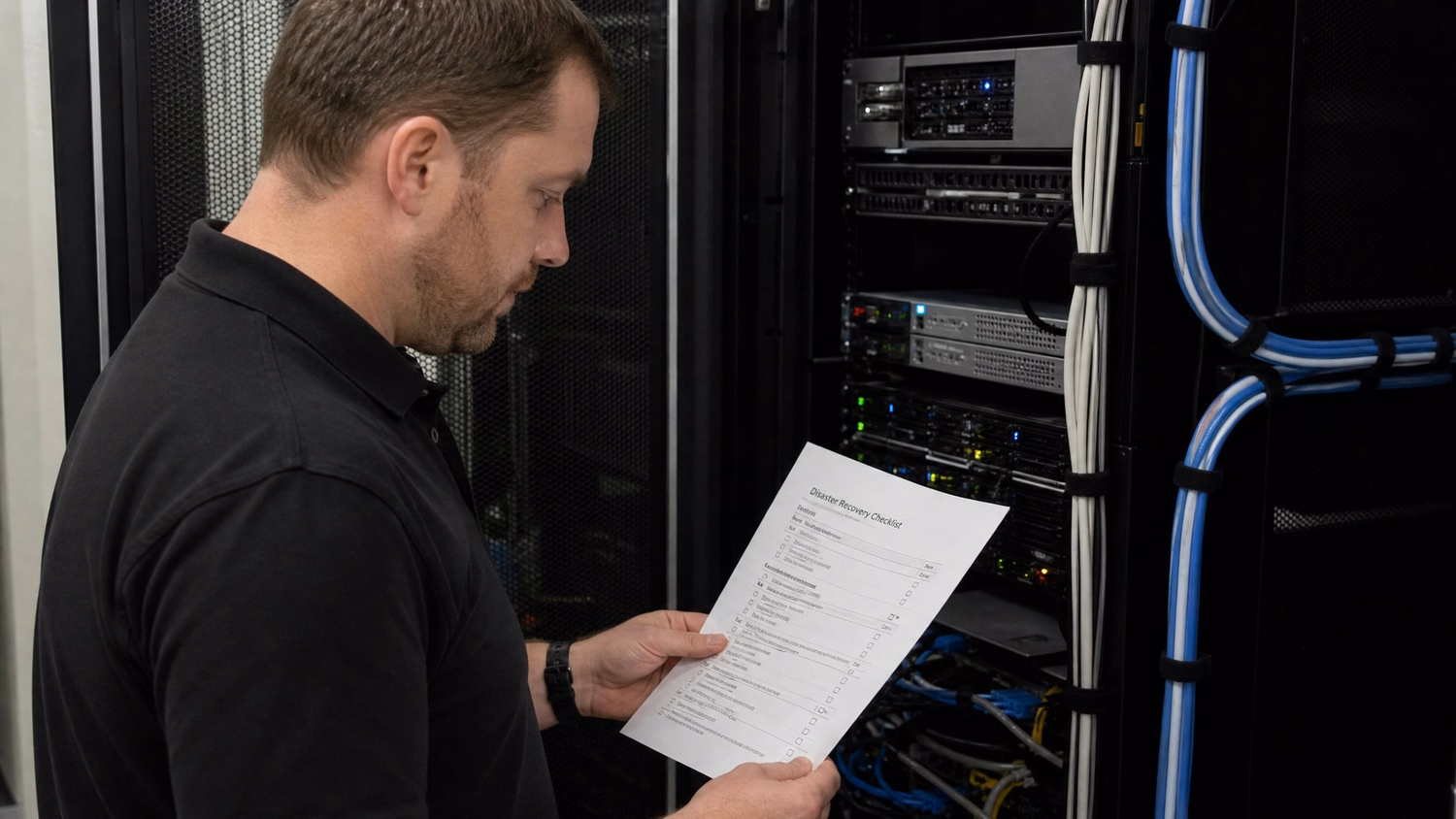 Man reviewing checklist next to server rack, ensuring disaster recovery.