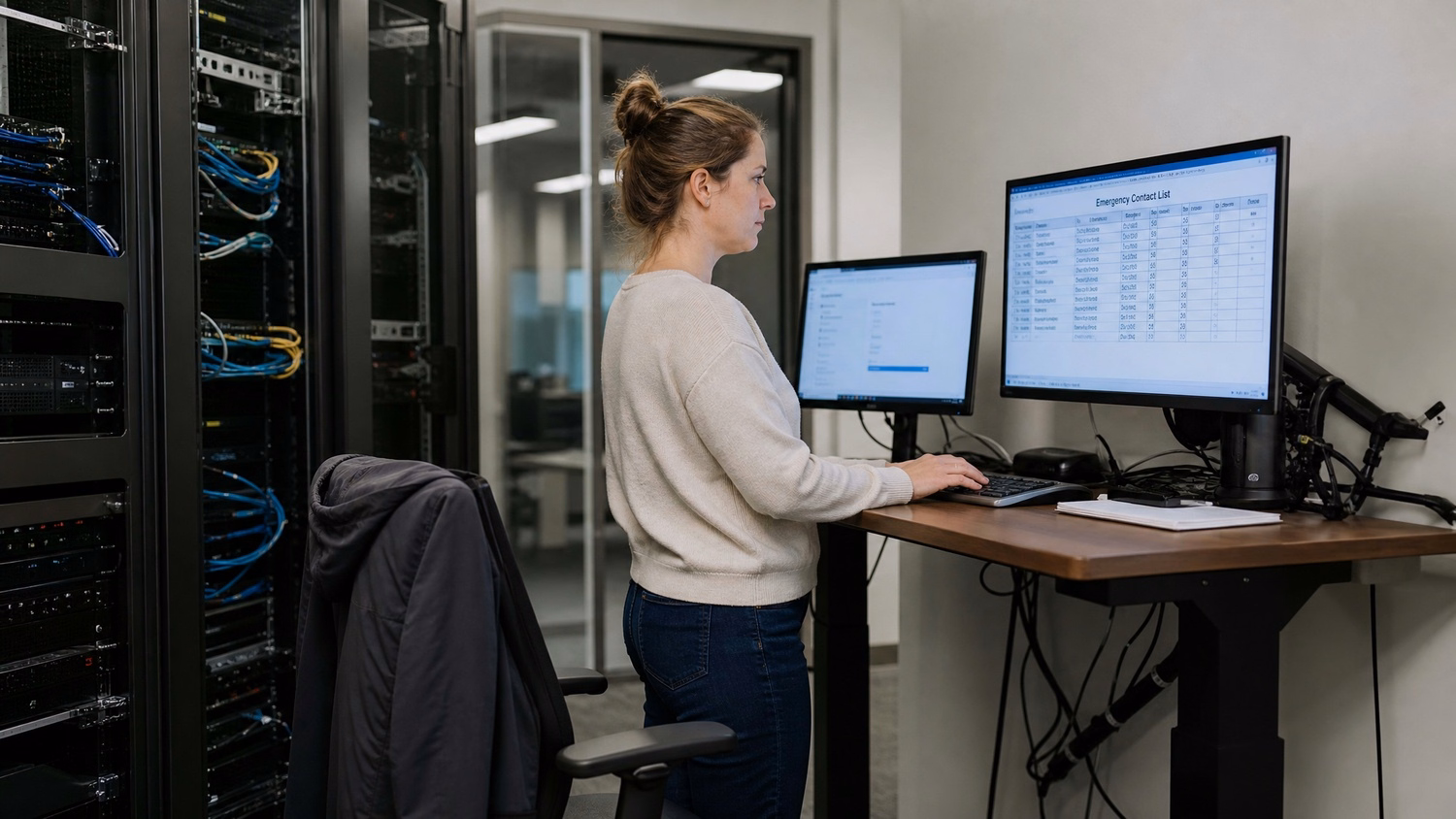 Woman updating digital emergency contact list at adjustable-height desk.