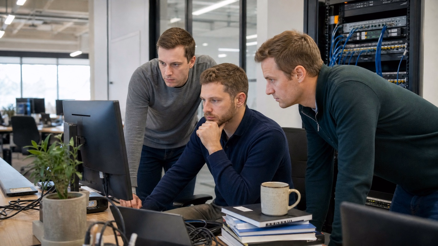 Three project managers monitor disaster recovery plan on laptop with bookshelf.