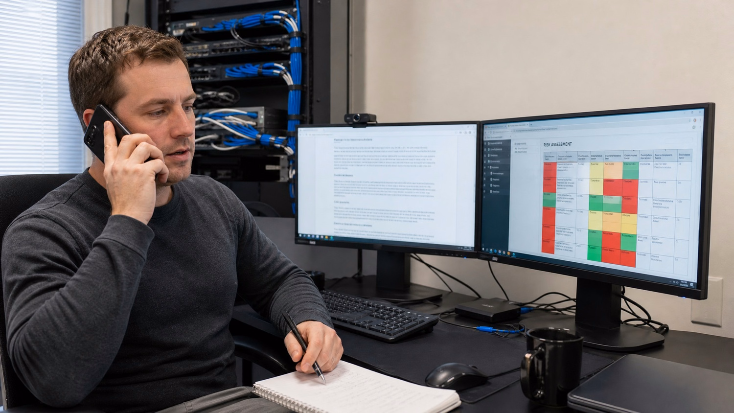 A man seated at his dual monitor desk is on a phone call discussing the