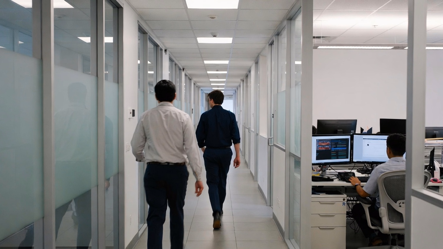 [('WALKING CORRIDOR', 'one or two people walking mid-stride through a