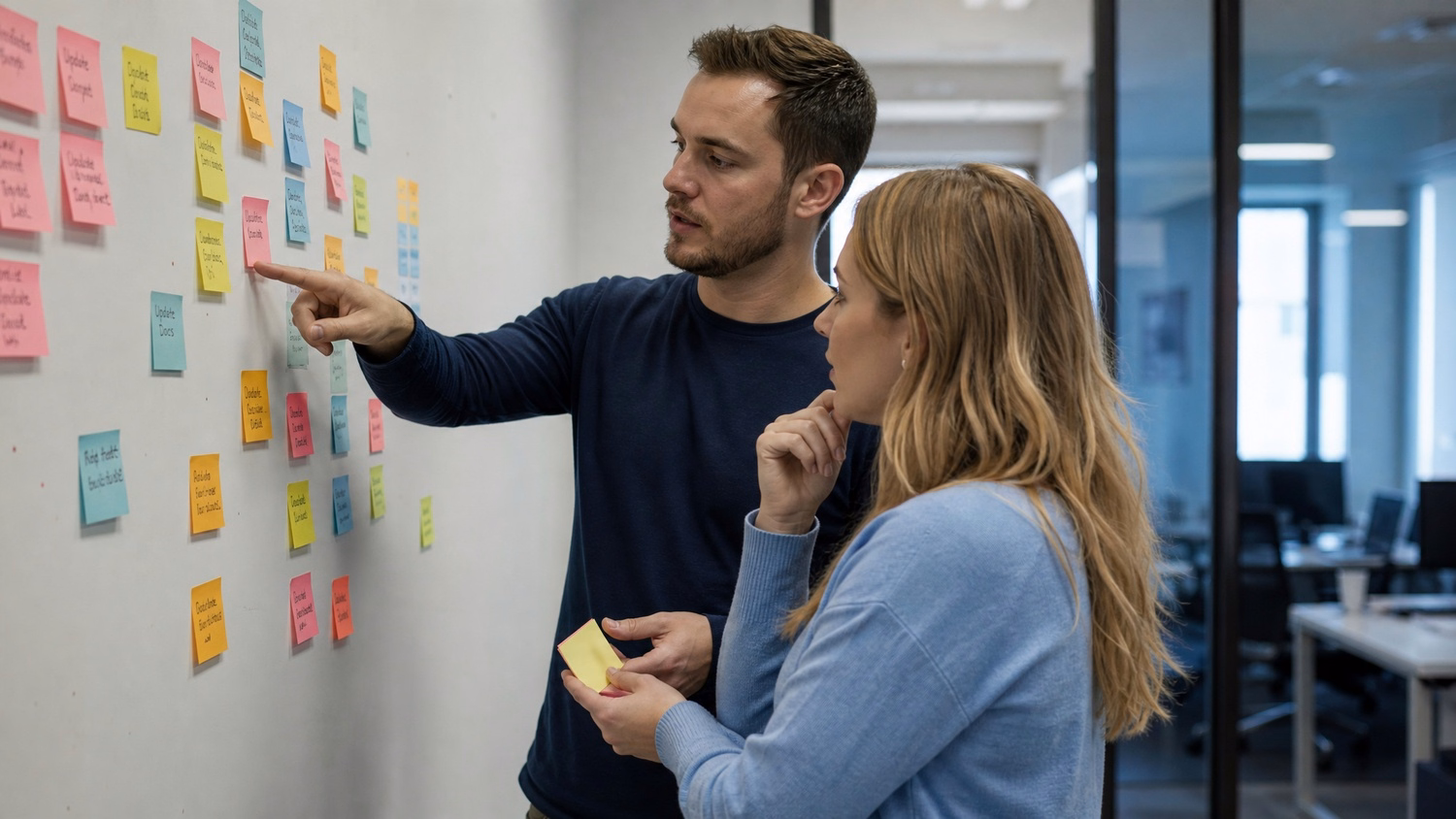 STICKY NOTE WALL, two people standing at a wall covered with colorful stick