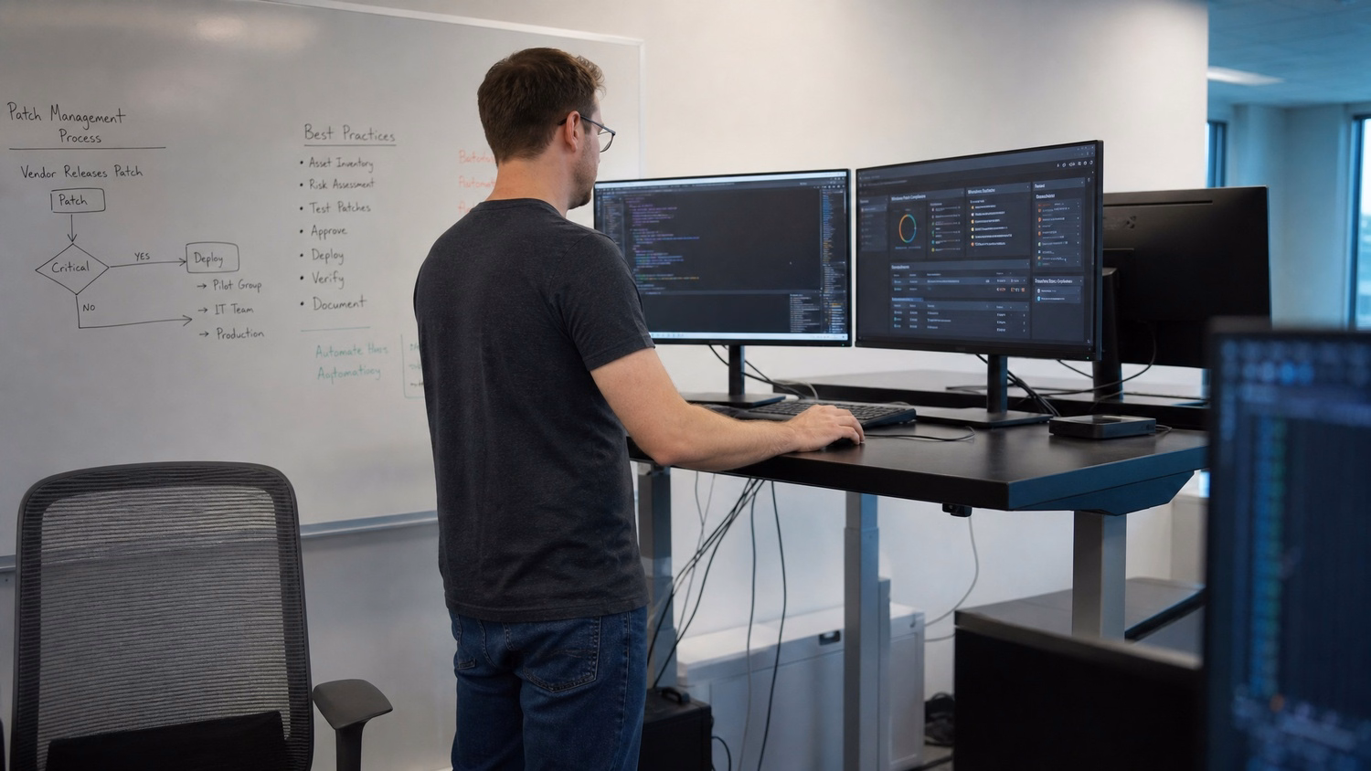 STANDING DESK, one person standing at a height-adjustable standing desk loo
